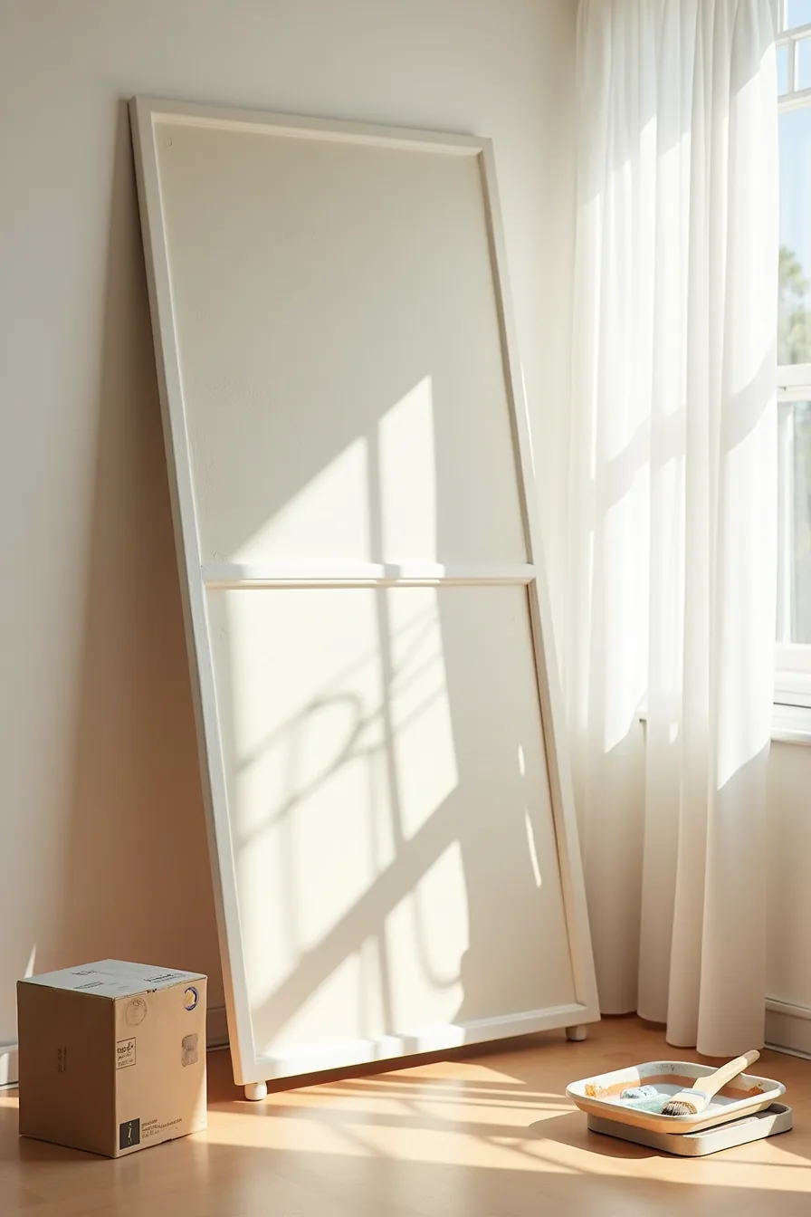 Foam roller and brush apply wet paint to an upright cabinet door, with a paint tray visible at the base.