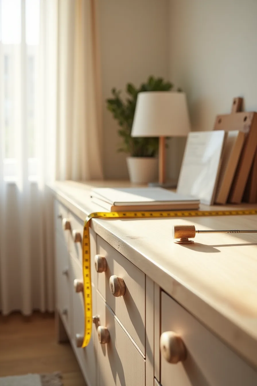 Screwdriver removes an old cabinet knob while new polished handles and a measurement tape lay across the cabinet surface.