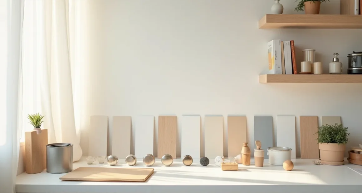 Paint cans, hardware knobs, cabinet door samples, and color swatches arranged in rows on a kitchen counter.