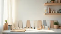 Paint cans, hardware knobs, cabinet door samples, and color swatches arranged in rows on a kitchen counter.