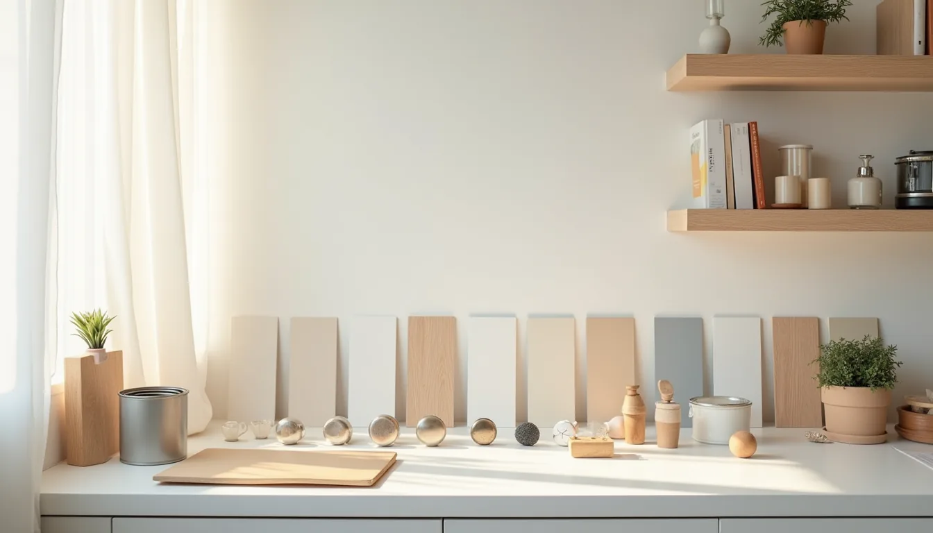 Paint cans, hardware knobs, cabinet door samples, and color swatches arranged in rows on a kitchen counter.