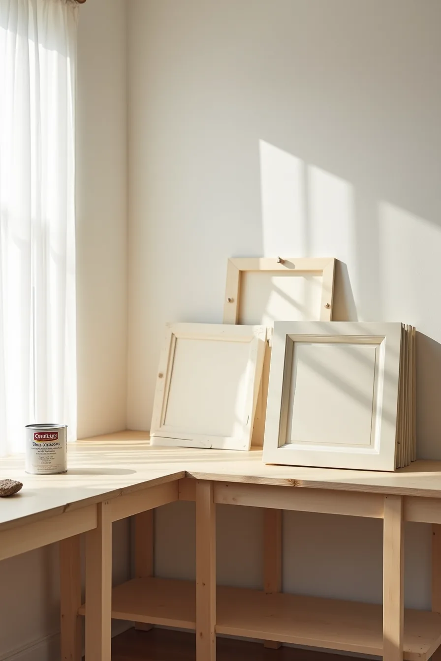 Left side shows a partially painted cabinet frame with brush and primer; right side displays new cabinet doors stacked with