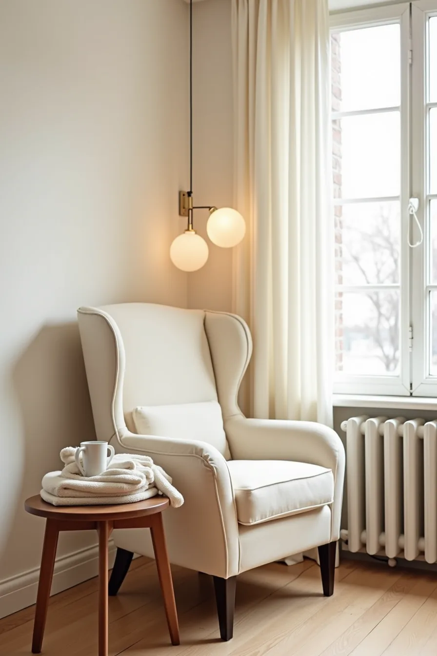 Cream wingback chair positioned beside a side table with mug and blanket, lit by natural window light.