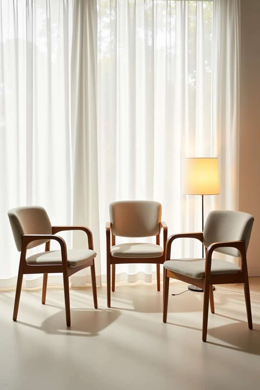 Three one-seater chairs in linen, leather, and microfiber displayed to show different fabric textures and seam details.