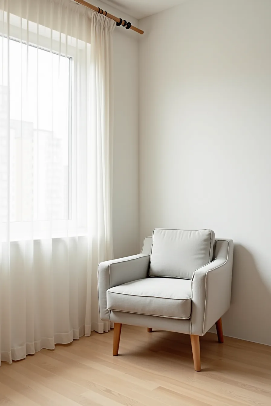 Gray upholstered chair with wooden legs placed diagonally in a corner, emphasizing the surrounding floor space.