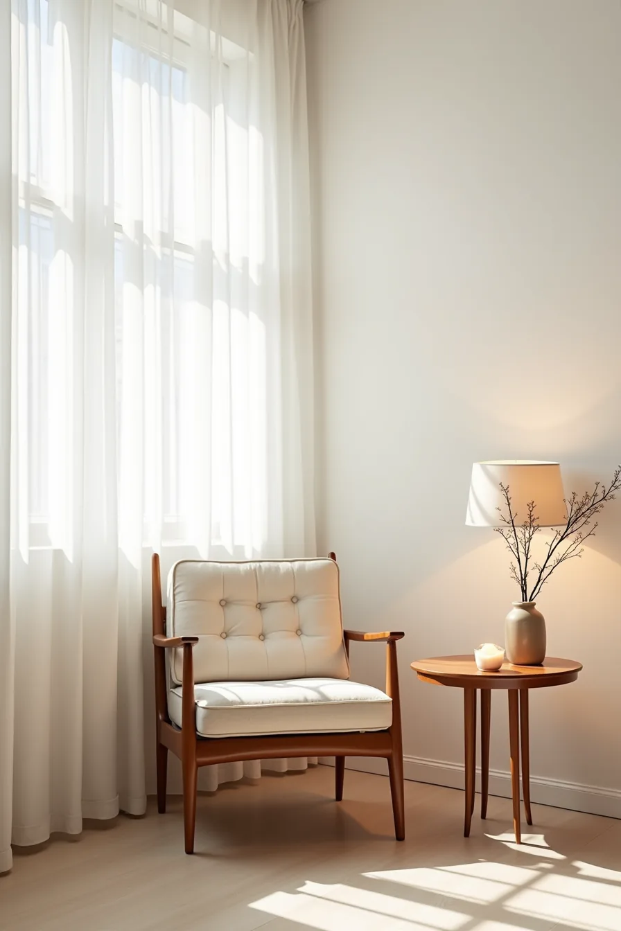 Mid-century modern lounge chair with walnut frame and tapered legs beside a wooden side table with vase.