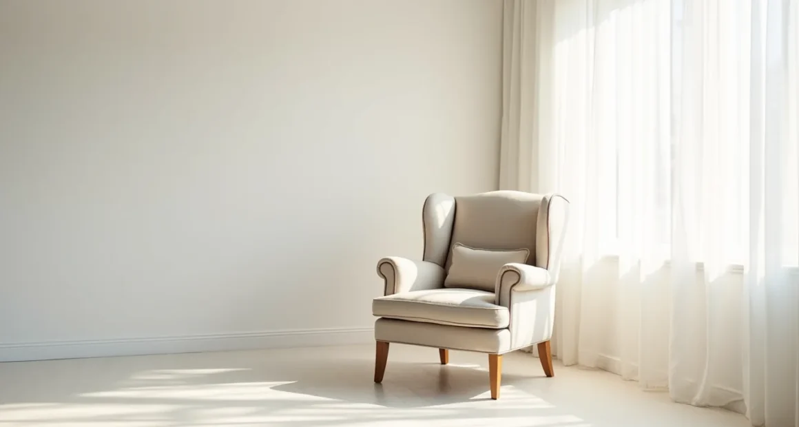 Wingback chair with rolled armrests and wooden legs viewed from above in a white corner, casting shadows on the floor.