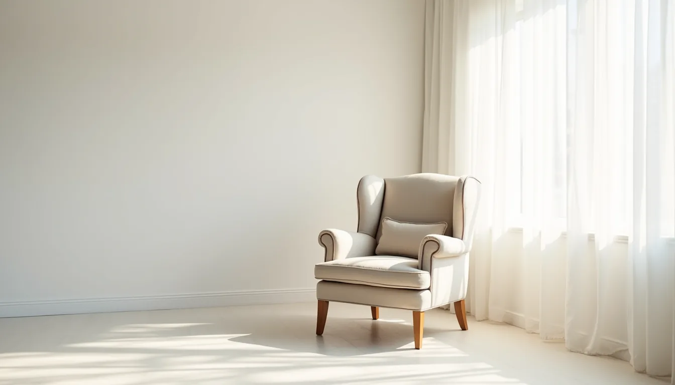 Wingback chair with rolled armrests and wooden legs viewed from above in a white corner, casting shadows on the floor.