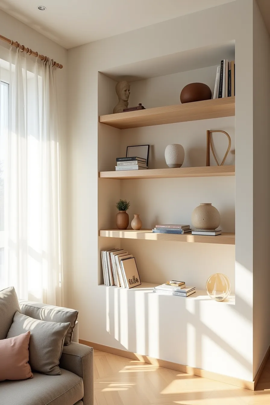 A half-wall with open shelving creates a subtle visual boundary between living and kitchen zones while maintaining clear