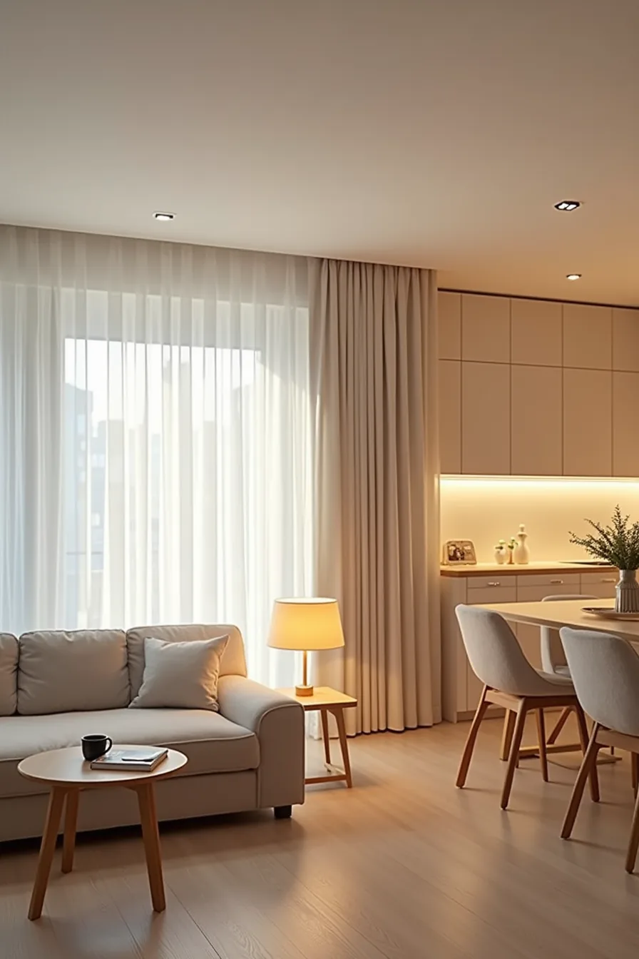 Multiple lighting layers—task lights, recessed ceiling lights, and table lamp—create distinct illuminated zones throughout