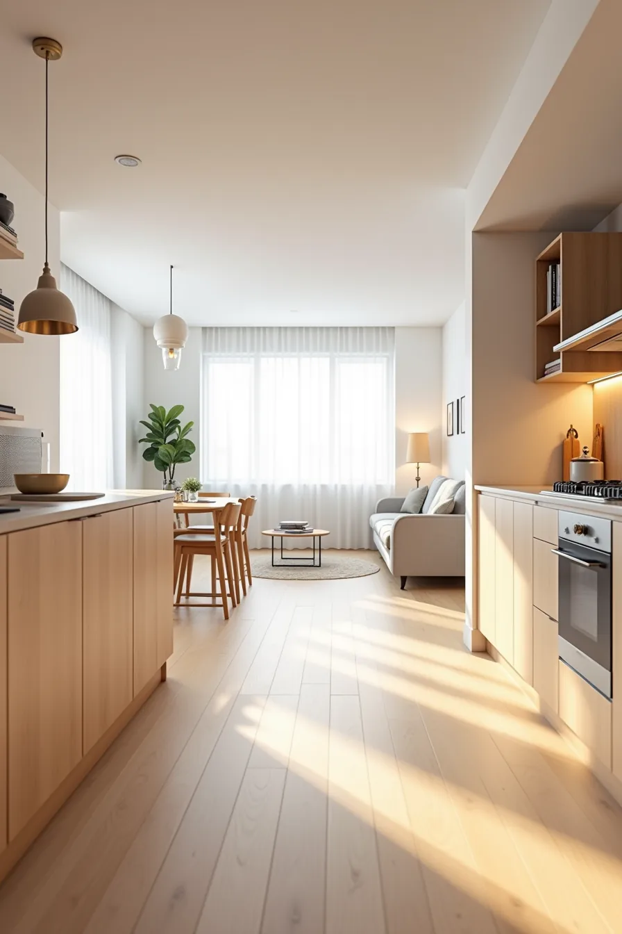 Continuous light wood flooring and matching oak cabinetry with concrete counters create seamless visual flow across kitchen