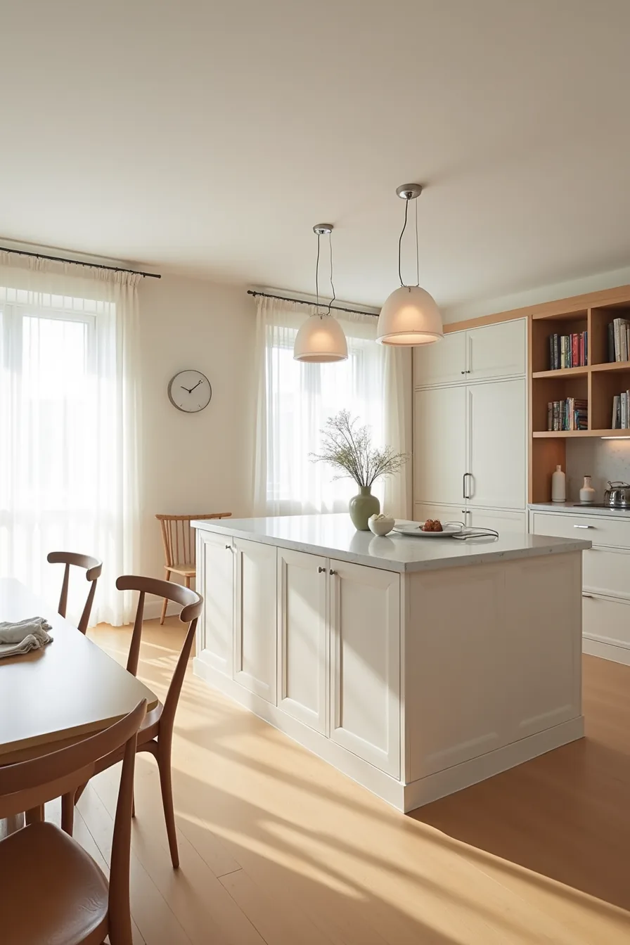White marble island with two-tier bar seating serves as the central anchor in an open kitchen-dining layout with visible