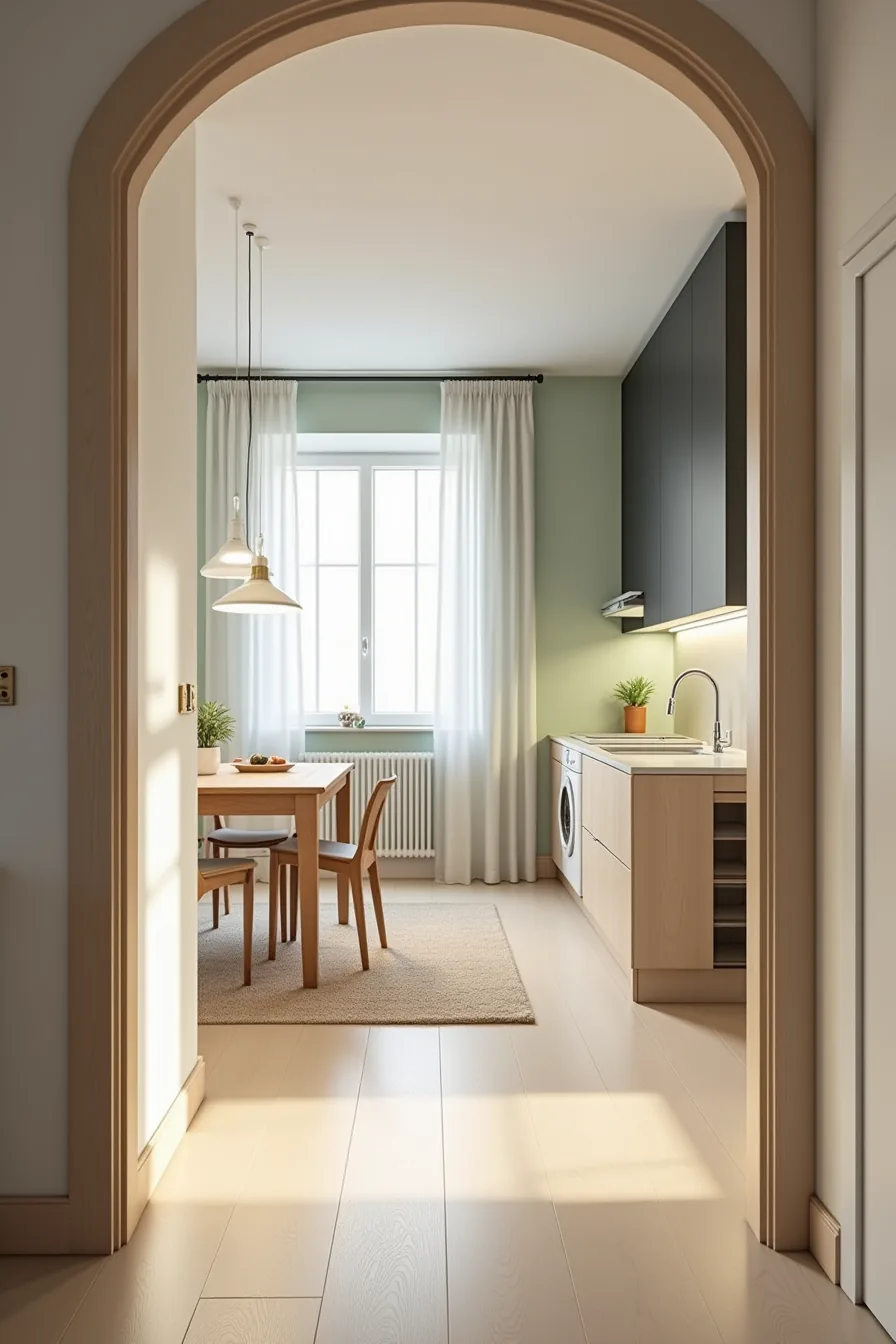 Paint colors—sage green in kitchen, charcoal in living area—and a neutral area rug define distinct zones without structural