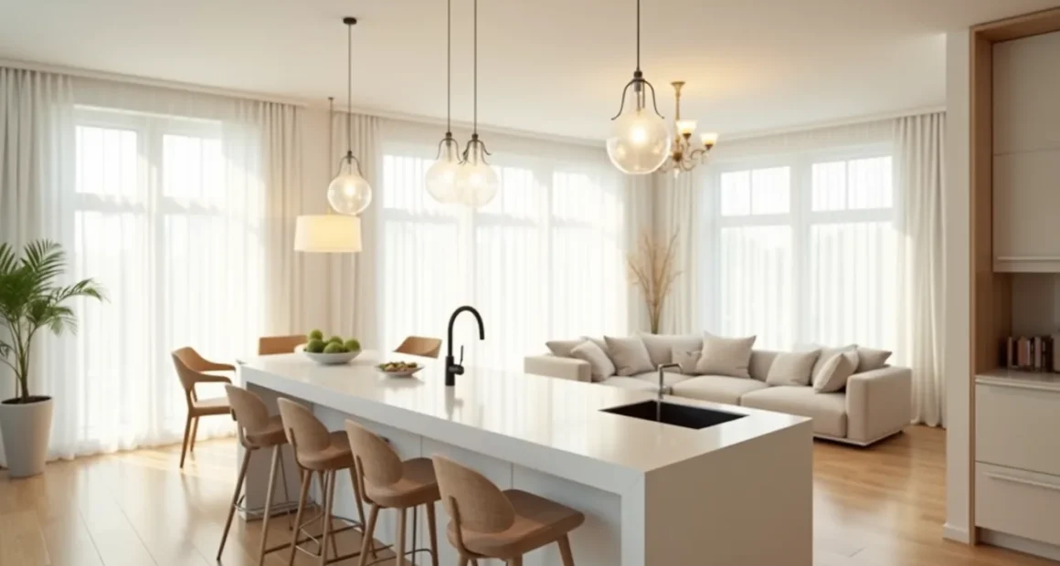 Kitchen island with waterfall edge and bar seating anchors an open floor plan, with pendant lights above and dining and