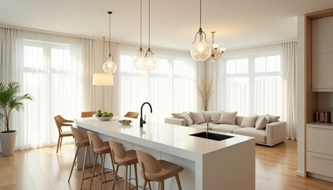 Kitchen island with waterfall edge and bar seating anchors an open floor plan, with pendant lights above and dining and