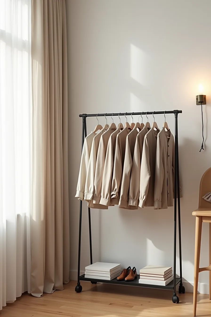 Overhead view of black metal clothing rail in corner holding neutral-toned garments on wooden floor with minimal accessories.