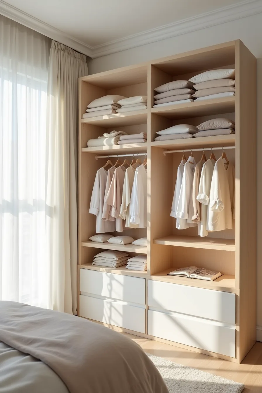 Large built-in wardrobe system with white frame featuring upper open shelves with folded items and lower hanging rail with