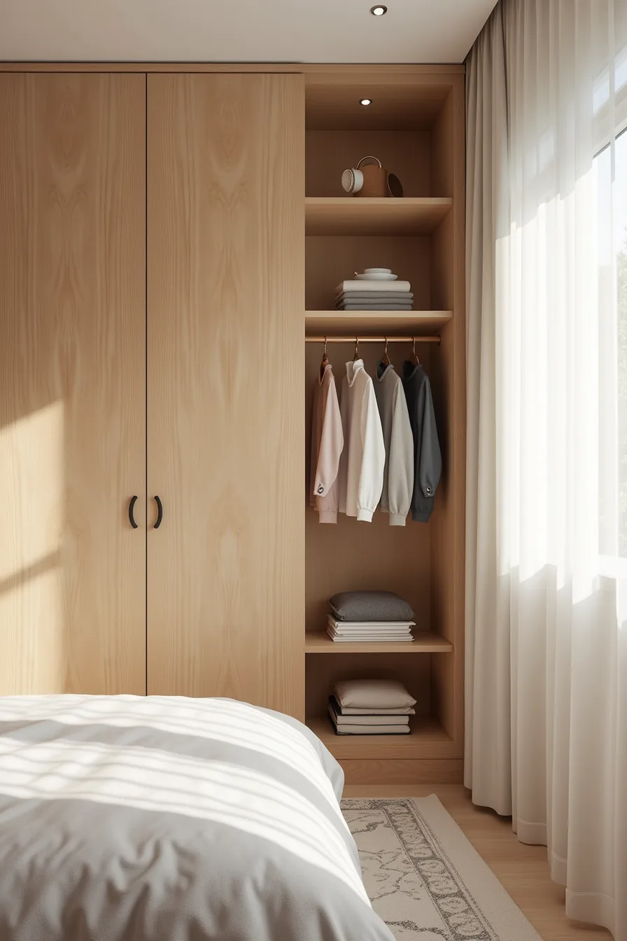 Bedroom wardrobe shown in split view with closed wooden doors on left and open hanging rod with shelves on right.