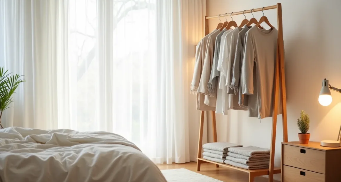 Freestanding clothing rail in bedroom corner with folded sweaters on shelf, wooden nightstand with potted plant, natural