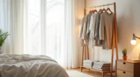 Freestanding clothing rail in bedroom corner with folded sweaters on shelf, wooden nightstand with potted plant, natural