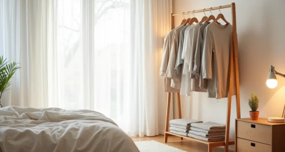 Freestanding clothing rail in bedroom corner with folded sweaters on shelf, wooden nightstand with potted plant, natural