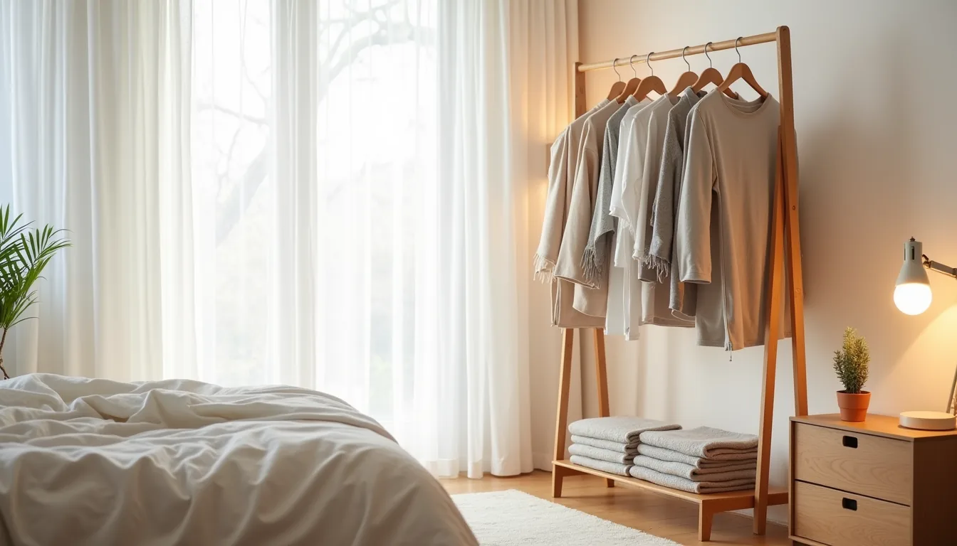 Freestanding clothing rail in bedroom corner with folded sweaters on shelf, wooden nightstand with potted plant, natural