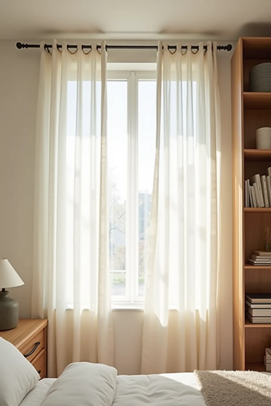 Linen curtain panels on wall-mounted rod partially concealing shelves and hanging garments behind translucent fabric.