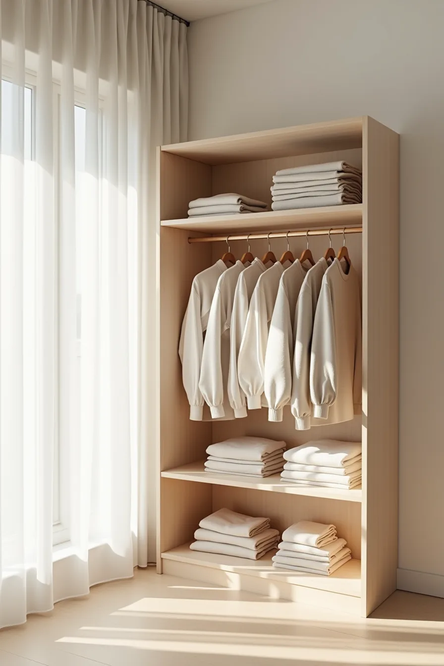 Open shelving unit with folded neutral basics on shelves, hanging items on rod, and intentional gaps creating minimalist