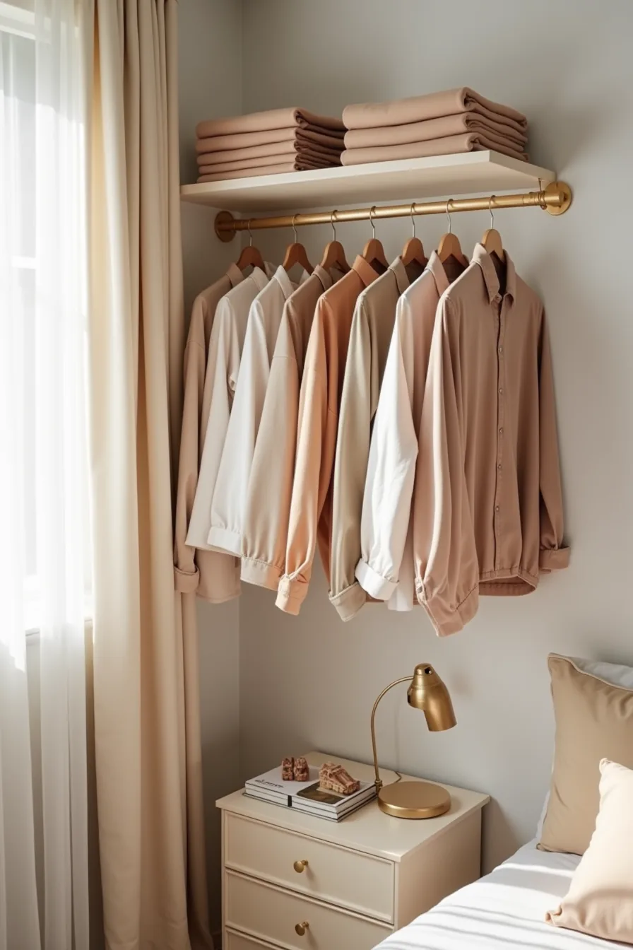 Narrow clothing rail in compact bedroom corner with coordinated garments and folded stack on shelf above in tight space.