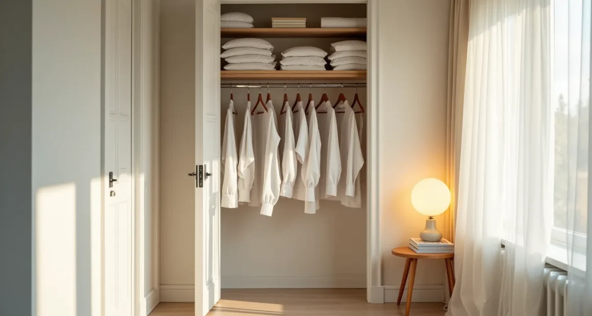 Open closet with two hanging rods at different heights, wire dividers organizing garments by type, and folded clothes on the
