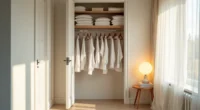 Open closet with two hanging rods at different heights, wire dividers organizing garments by type, and folded clothes on the