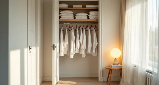Open closet with two hanging rods at different heights, wire dividers organizing garments by type, and folded clothes on the