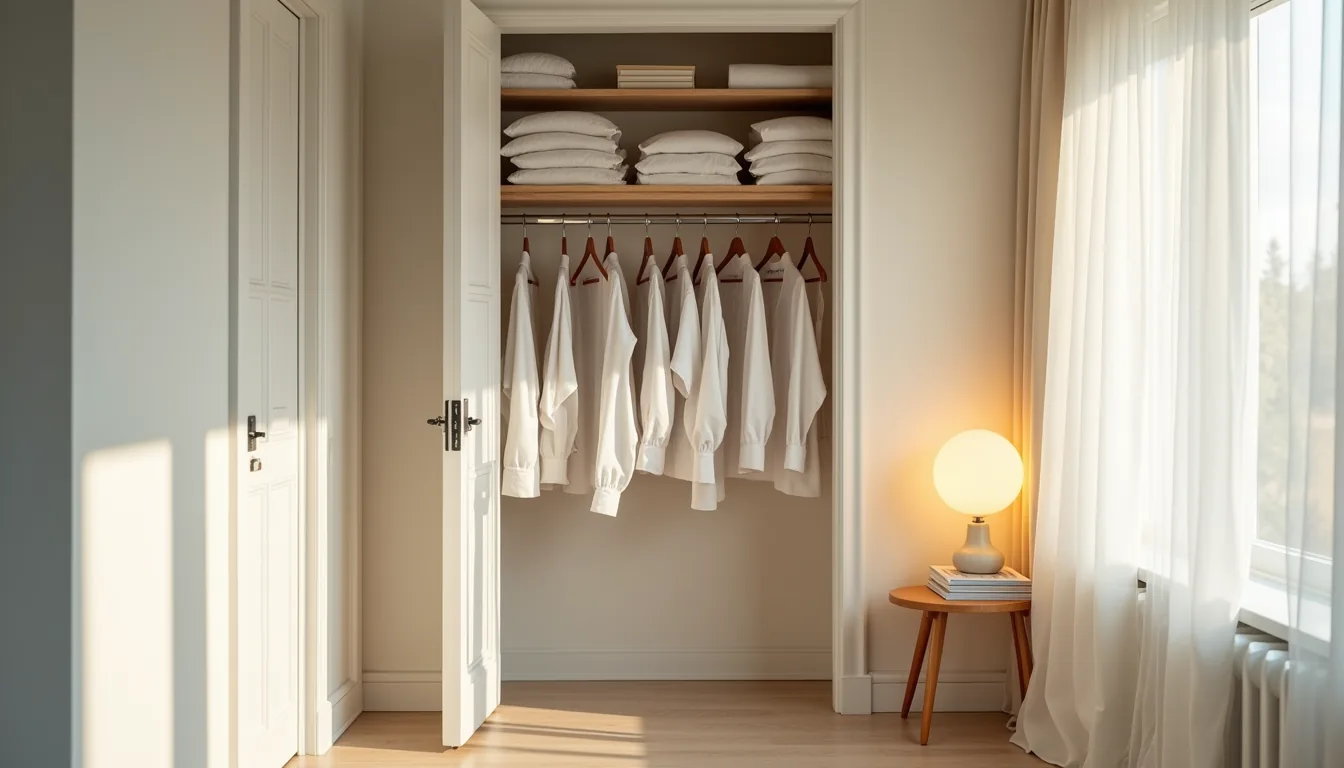 Open closet with two hanging rods at different heights, wire dividers organizing garments by type, and folded clothes on the
