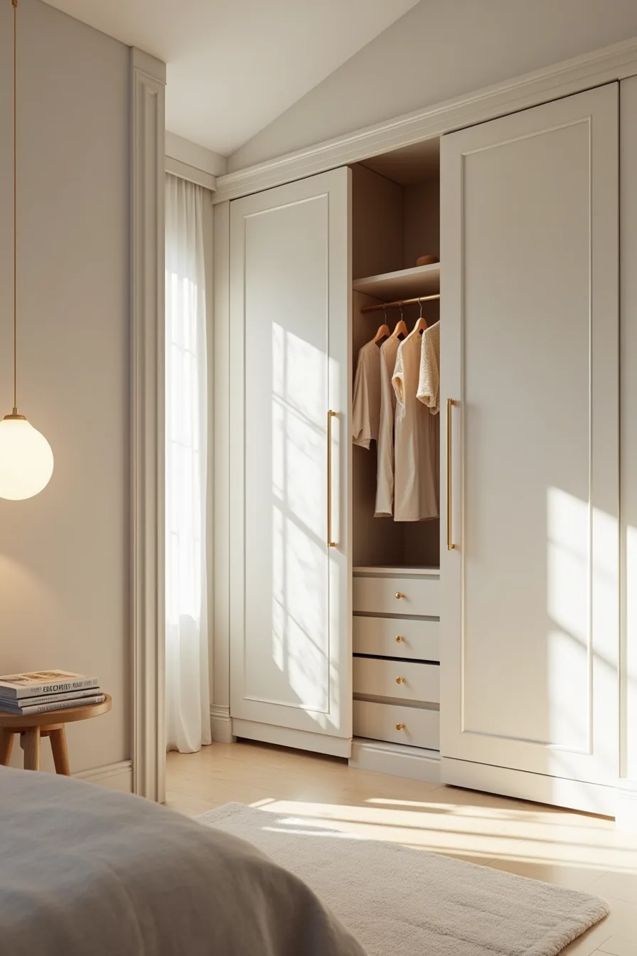 Floor-to-ceiling fitted white wardrobe with open doors revealing adjustable shelves, multiple hanging rails, and pull-out
