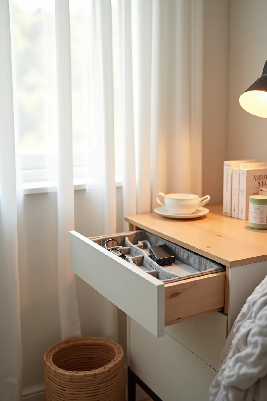 Nightstand drawer open with fabric organizer compartments storing eyeglasses and charger, lamp and ceramic dish on top