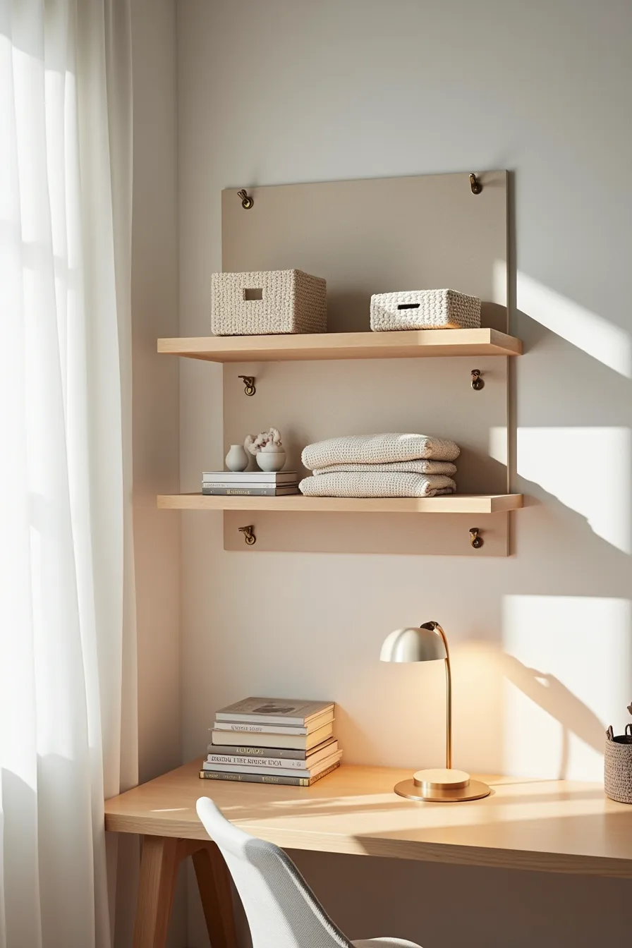 Pegboard wall with metal pegs holding three floating shelves displaying stacked sweaters, woven baskets, and decorative