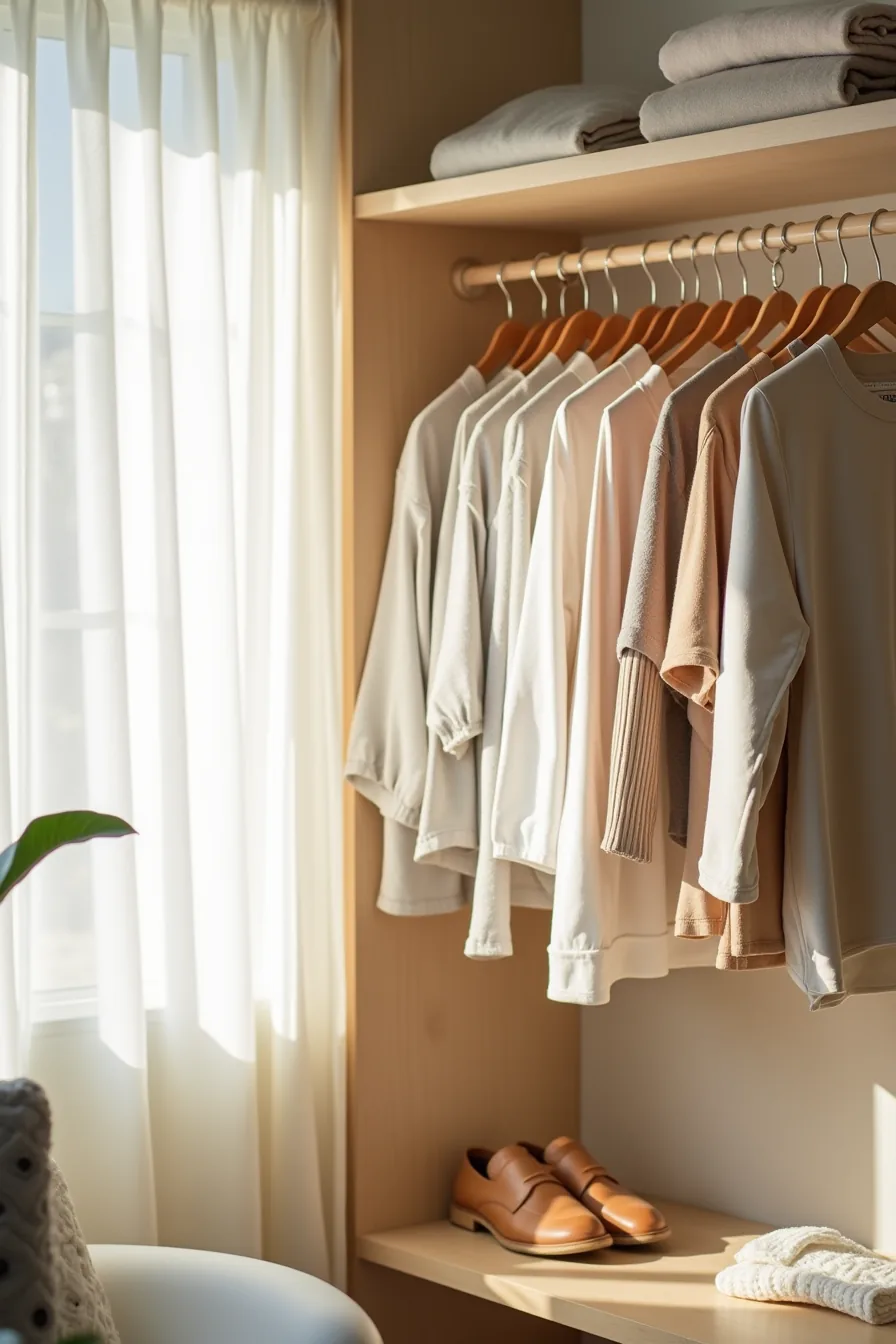 Closet corner with two hanging rods at staggered heights, plastic dividers separating tops and bottoms, secured with metal