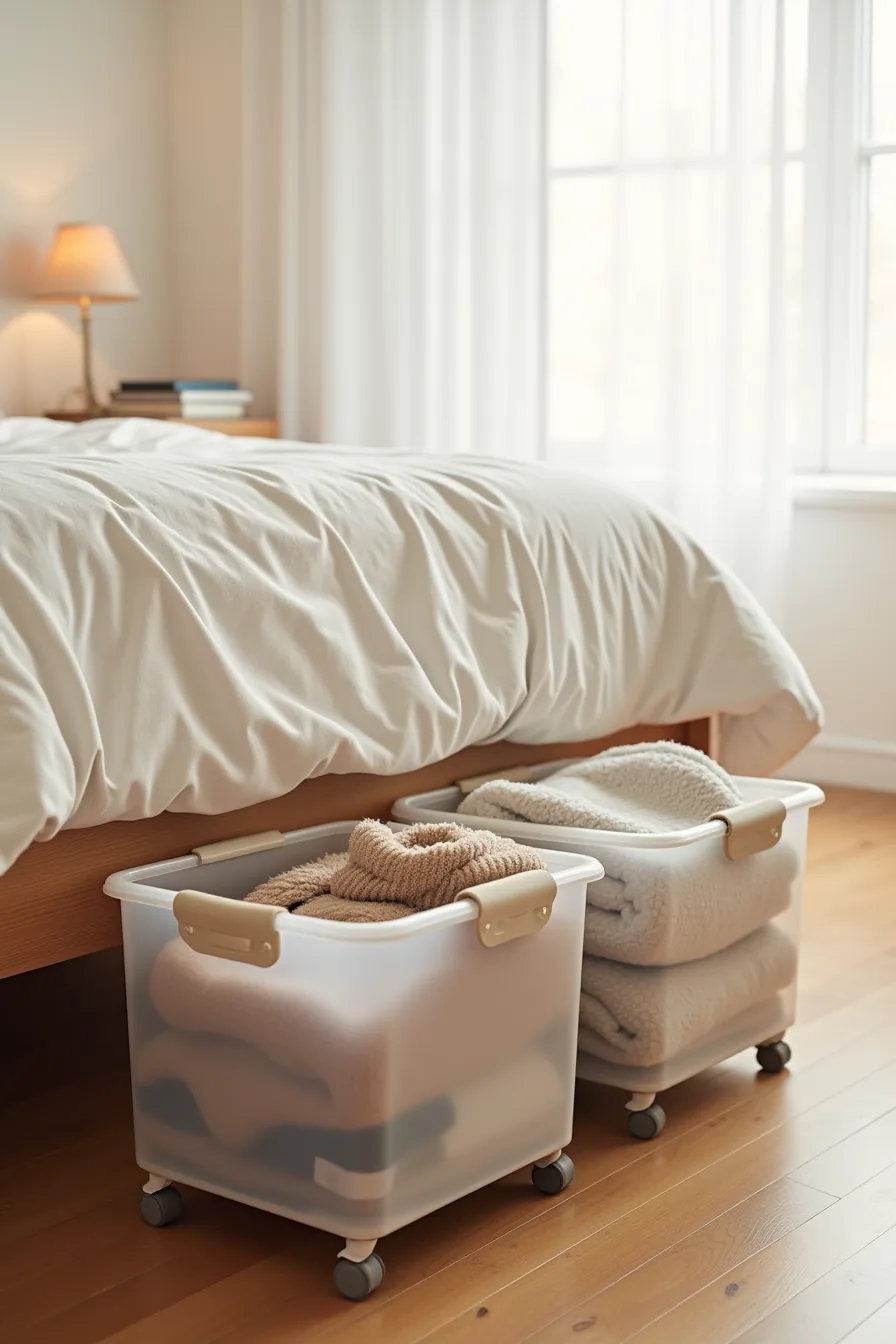 Three rolling plastic storage containers with handles positioned under a bed frame, showing folded winter clothing visible