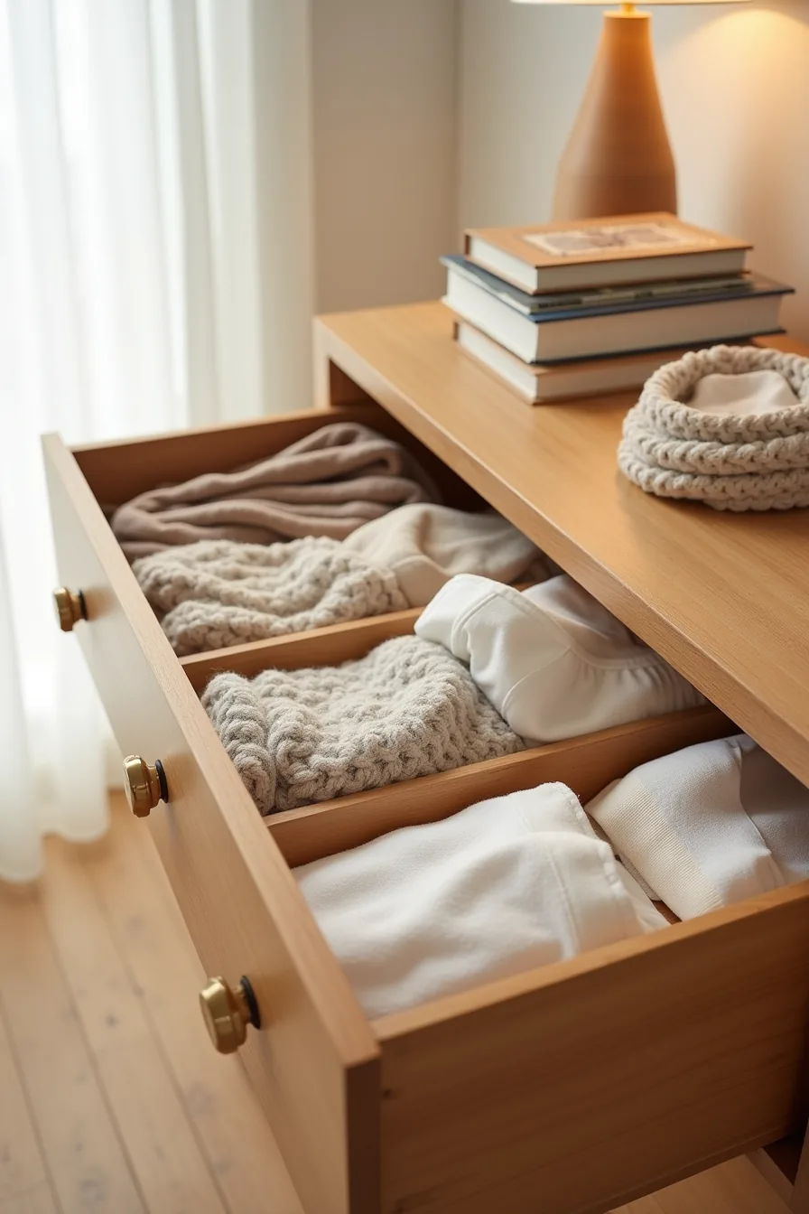Open dresser drawer divided into four wooden compartments holding vertically stacked socks, underwear, and scarves, all