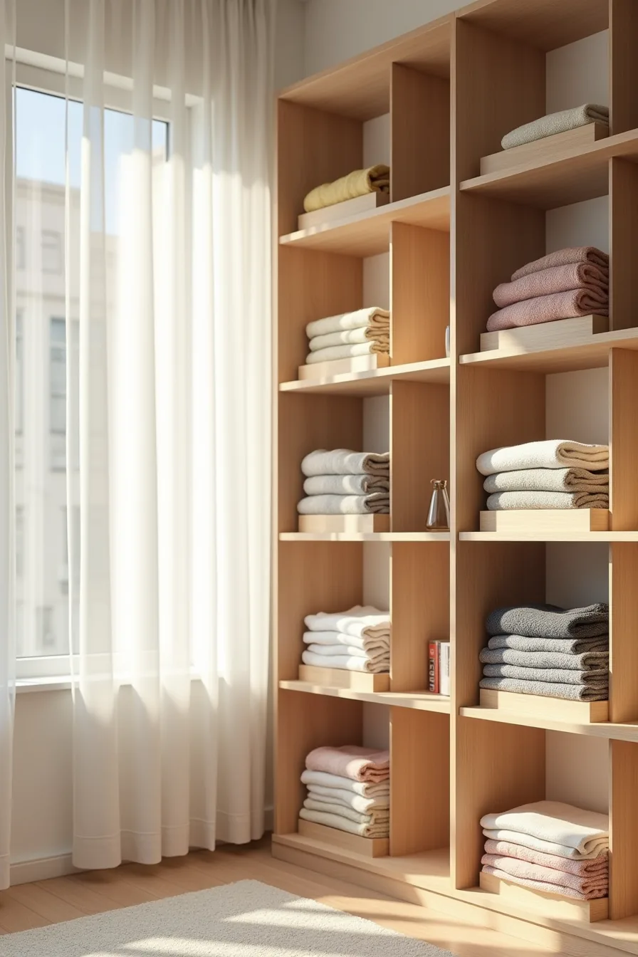 Wooden shelf with acrylic dividers organizing folded sweaters in four color-separated compartments with stacking trays.