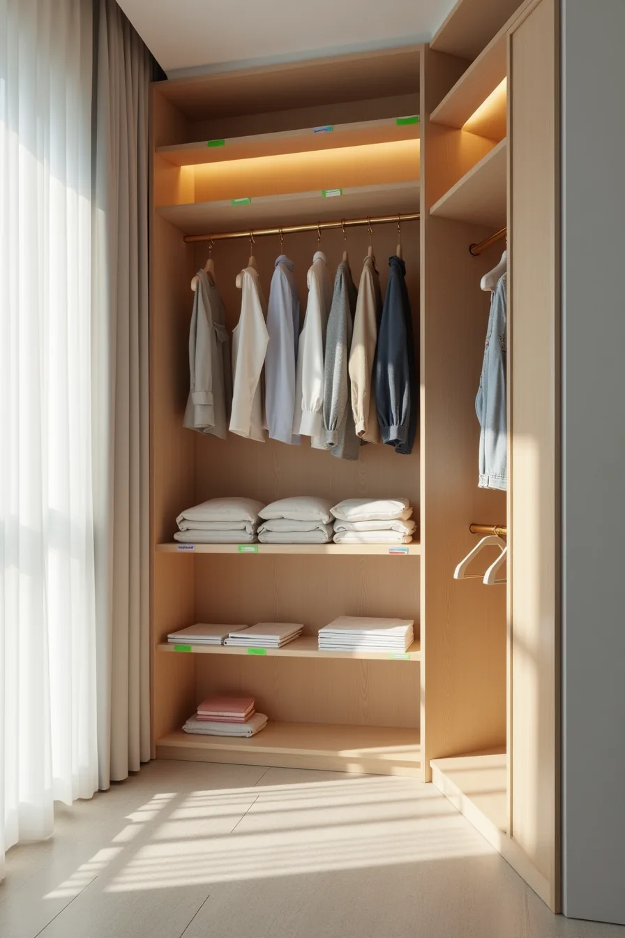 Closet wall with blue, green, and neutral colored labels organizing denim, casual wear, and formal wear sections.