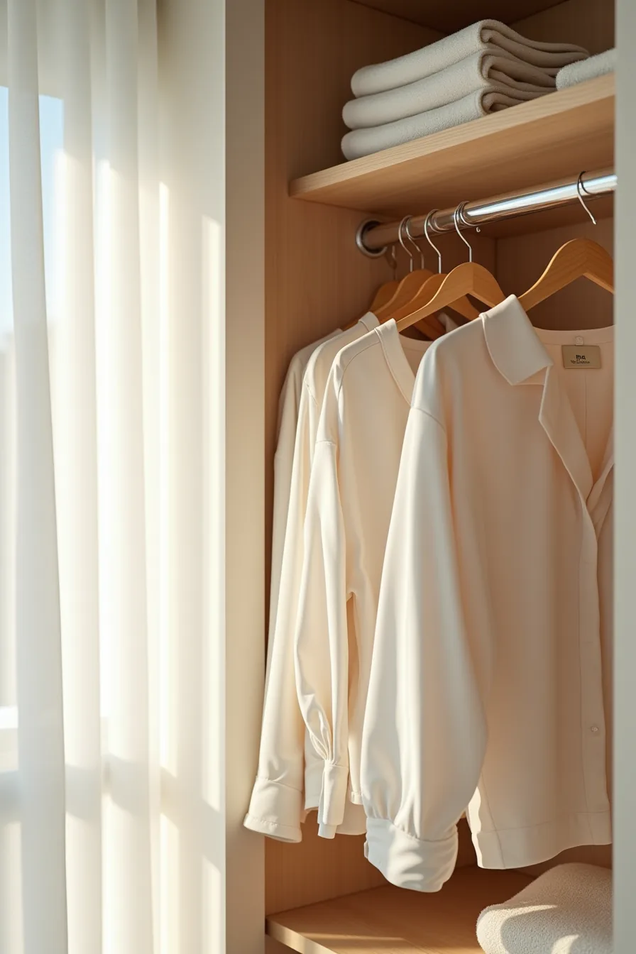 Double-tier chrome hanger rod with cascading hangers holding blouses and lightweight jackets below a wooden rod.