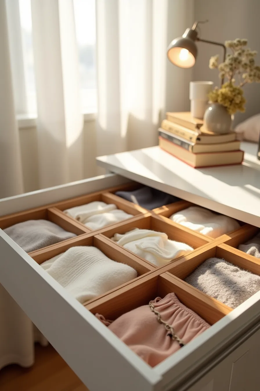 Shallow drawer with wooden dividers and fabric liners organizing socks, scarves, and underwear in six separate sections.