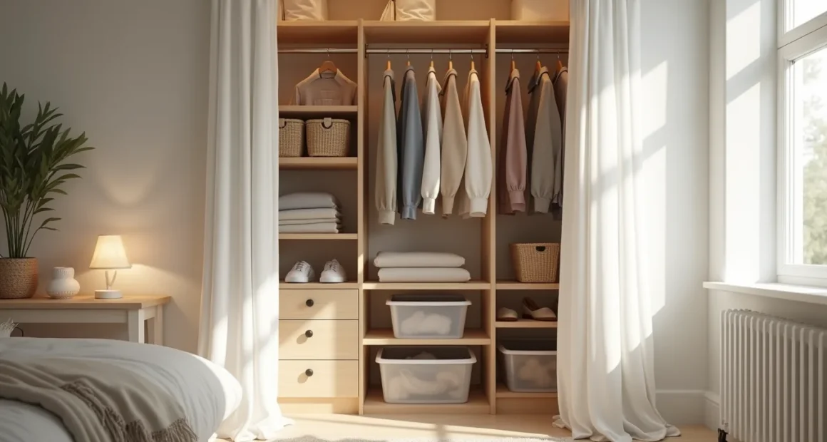 Closet with wooden shelves, hanging rod, plastic bins, woven baskets, and drawer unit organizing clothes and accessories.