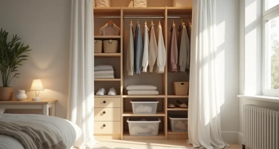 Closet with wooden shelves, hanging rod, plastic bins, woven baskets, and drawer unit organizing clothes and accessories.