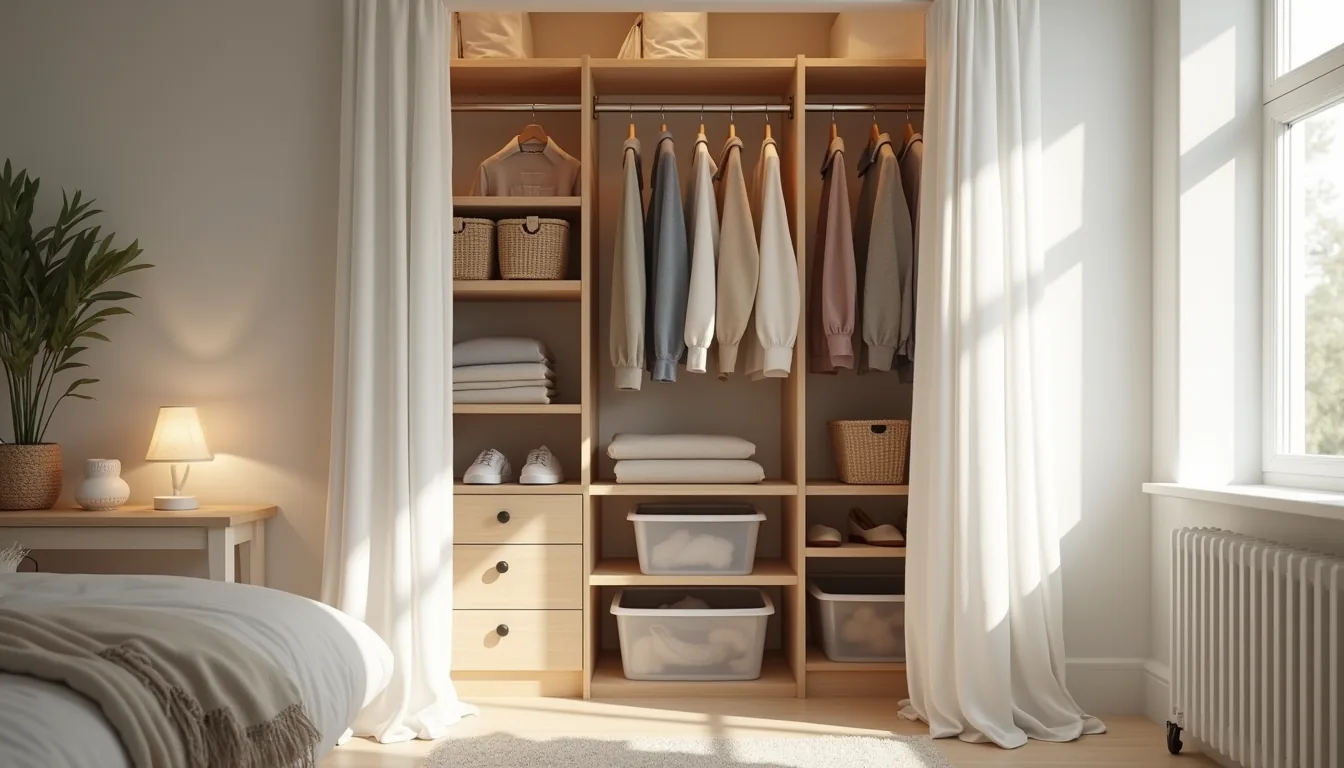 Closet with wooden shelves, hanging rod, plastic bins, woven baskets, and drawer unit organizing clothes and accessories.