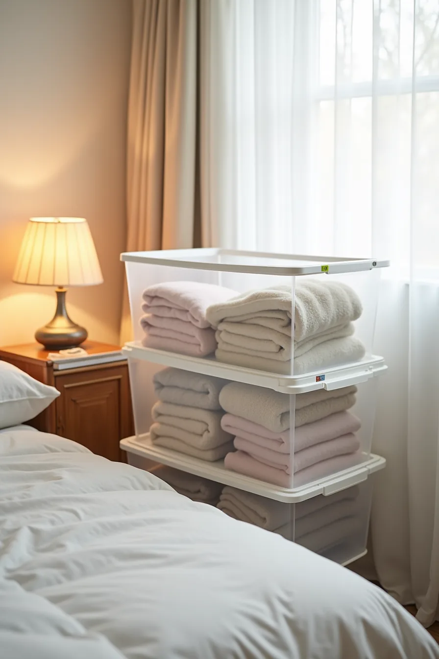 Two stacked under-bed storage containers with colored tape labels holding folded winter coats and sweaters.