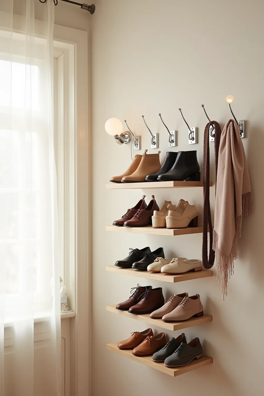 Metal shoe rack with ten slots and chrome hooks holding shoes, scarves, belts, and bags at waist height.