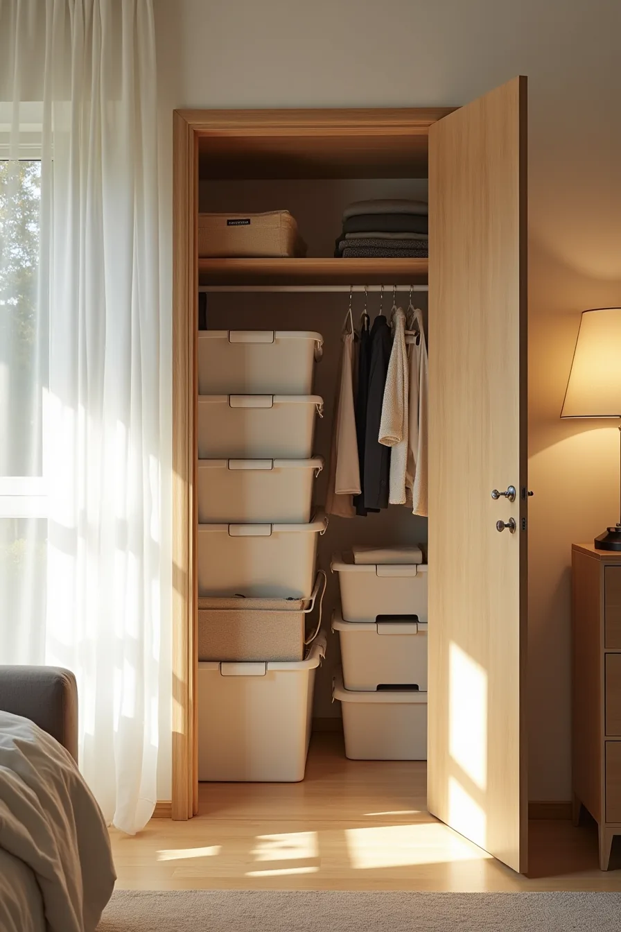 Overcrowded closet shelf with haphazardly stacked bins and boxes creating a blocked, disorganized pathway.