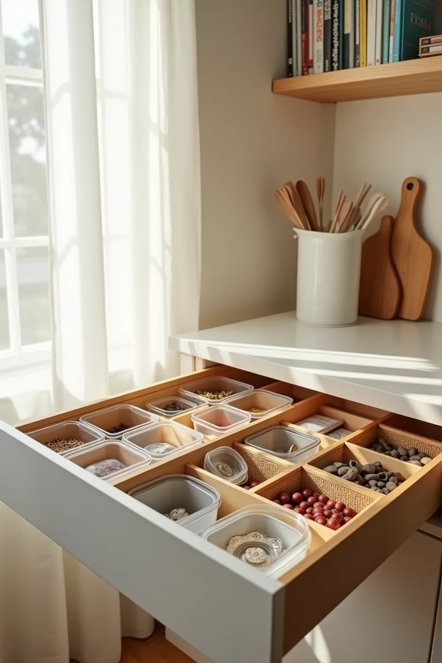Kitchen drawer divided by clear bins, woven dividers, and metal partitions holding utensils and tea packets.